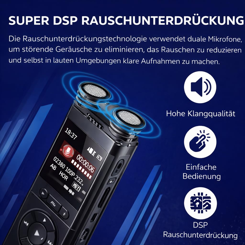 CleverTalk Diktiergerät Professionell 128GB – HD Audio PCM 1536kbps – Sprachaktivierung – Doppelmikrofon Rauschunterdrückung – Aufnahmegerät USB-C für Vorlesungen, Meetings, Interviews