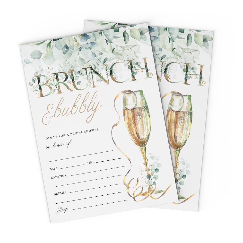 Eucalyptus Brunch & Bubbly Bridal Shower 5x7 Invitations with Envelopes, Fill in Cards (Pack of 25)