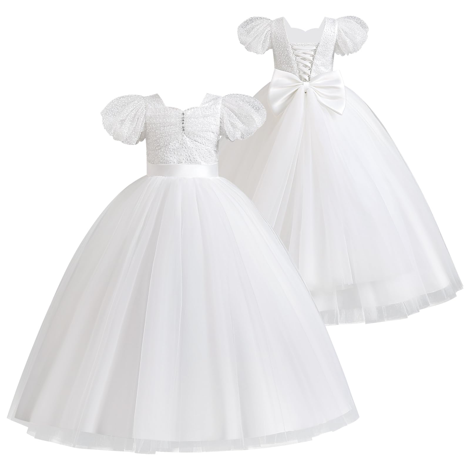 Odizli Vestidos de flores para niña, mangas puf, bowknot purpurina, lentejuelas, línea A, vestido de tul, boda, primera comunión, fiesta, largo de noche