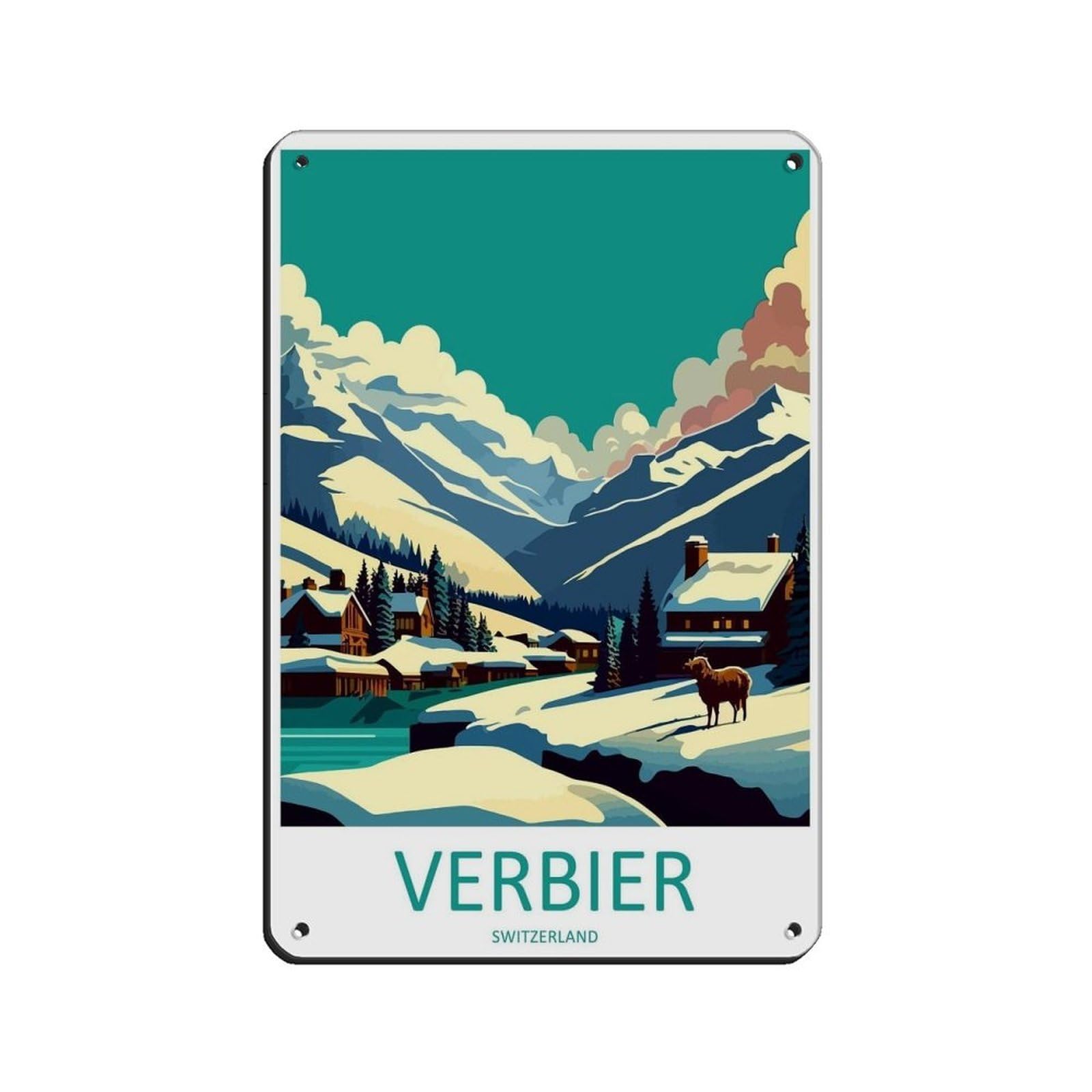 Verbier Ski Resort Ski Enthusiast Gift Tin Sign Vintage Metal Pub Club Cafe Bar Home Wall Art Decoration Poster Retro 8x12inch(20x30cm)