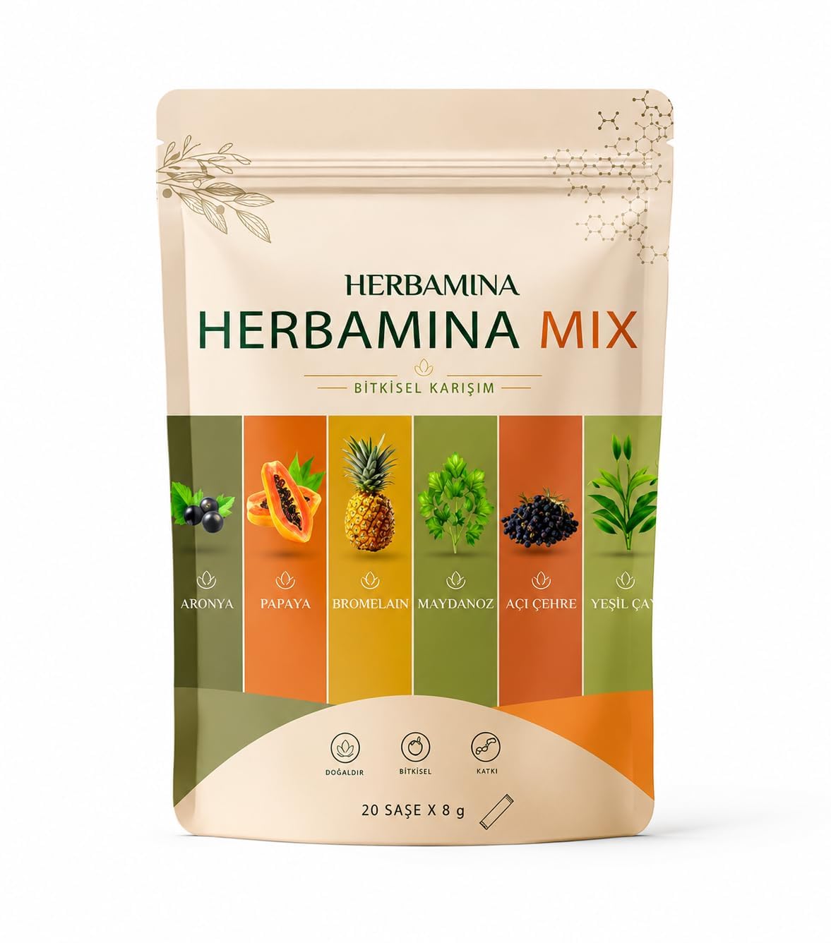 Herbamina Mixed Herbal Tea Powder 20 Sachets 8g x 20 - Natural Herbal Blend - Instant Dissolvable Botanical Tea - 160g Total