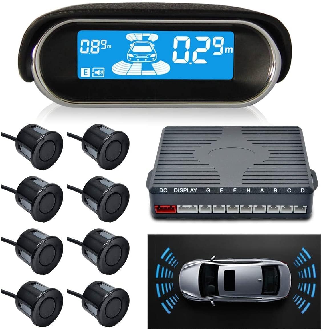 MASO sensori parcheggio auto sensori di parcheggio posteriori, kit sensore di retromarcia anteriore e posteriore, con display LCD + sensori di parcheggio