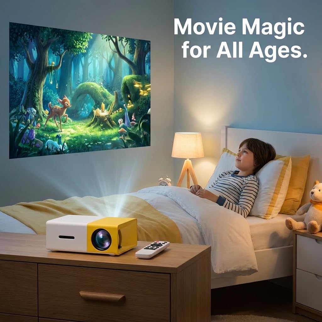 Mini Portable Projector - Unique Yellow & White Design, 100 Lumens, Supports 1080p Input, HDMI USB TF Card Remote Included - Perfect for Kids, Bedroom, Dorm Room, Travel & Outdoor Movie Nights