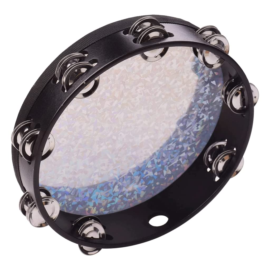 LIOONS Unique Tambour chaman Tambour en Bois 8/10 Pouces Tambour à Main Cloche à Main avec Double rangée de Cloches Tambour réfléchissant Brillant Tambour éthéré Musique de Divertissement Belle Voix
