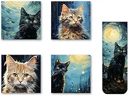 4 Ímãs de geladeira + 1 Marcador magnético, 4 peças de desenho fofo Van Gogh Plastificados de gatos ímãs de geladeira Van Gogh imã de geladeira acessório de decoração de geladeira