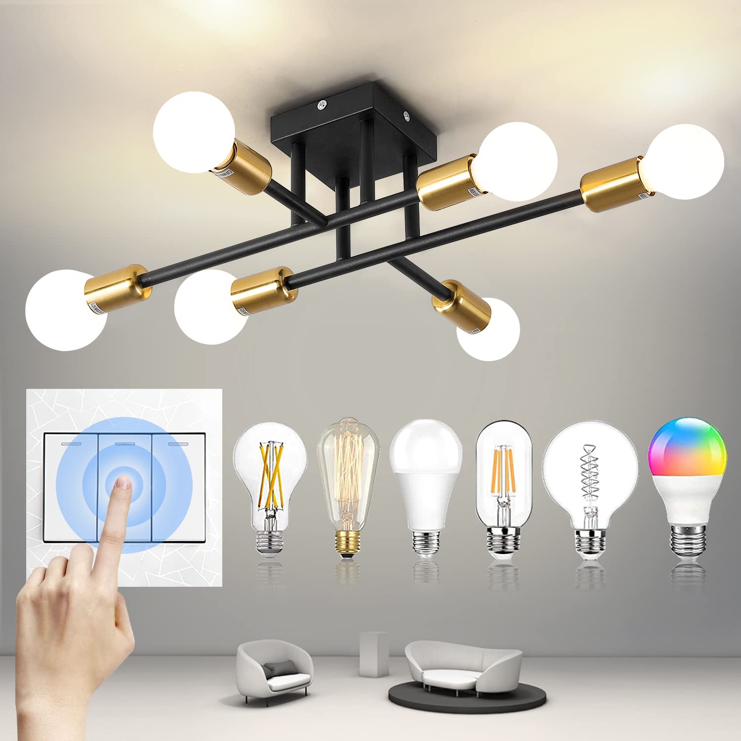 6-Light Semi Flush Mount Ceiling Light Matte Black with E26 Base Modern Chandelier for Farmhouse Kitchen Dining Room Bedroom Study Living Room