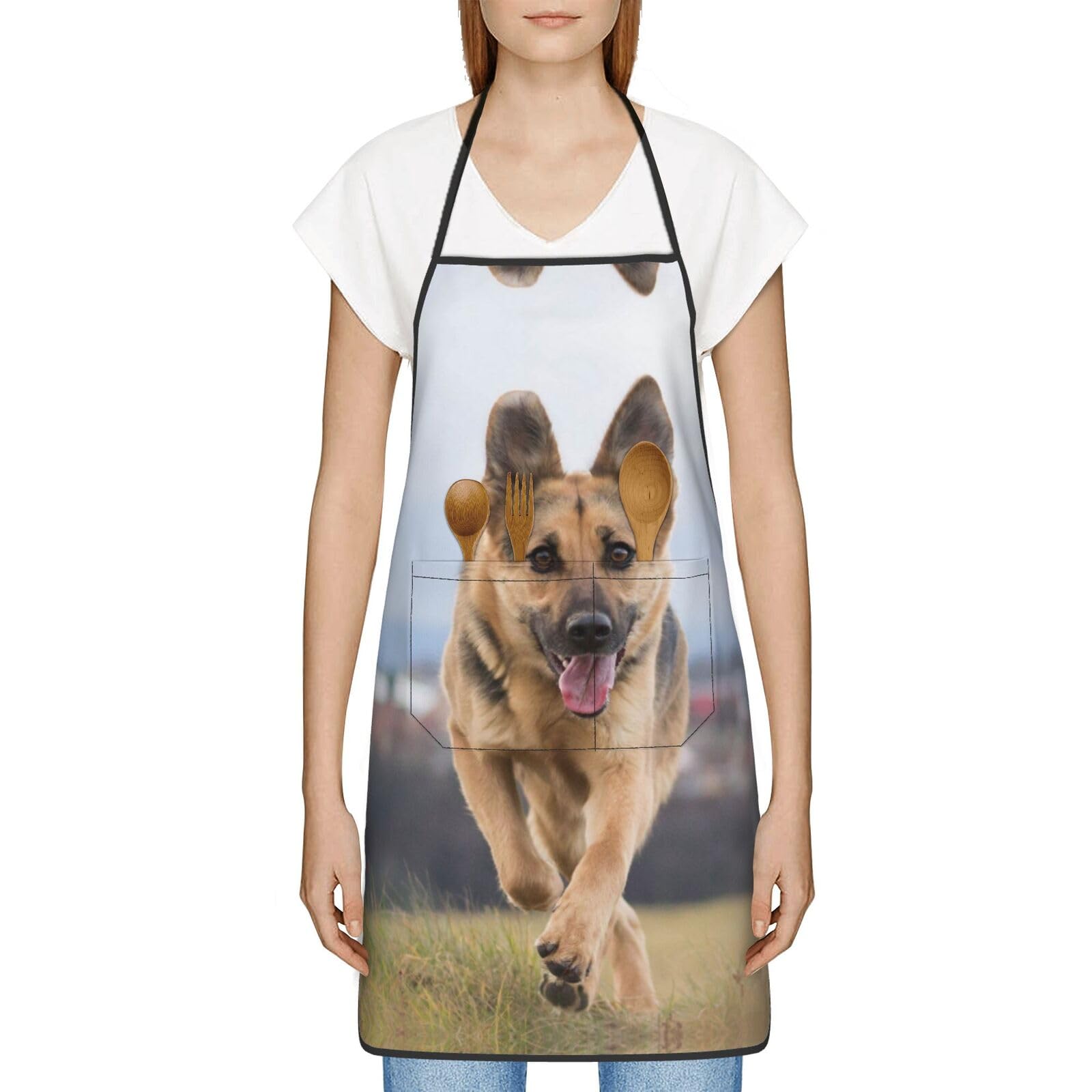 CHANGLEI Running German Shepherd Dog Kitchen Aprons For Women Men, Print Polyester Apron With Big Pockets For Cooking Baking Gardening