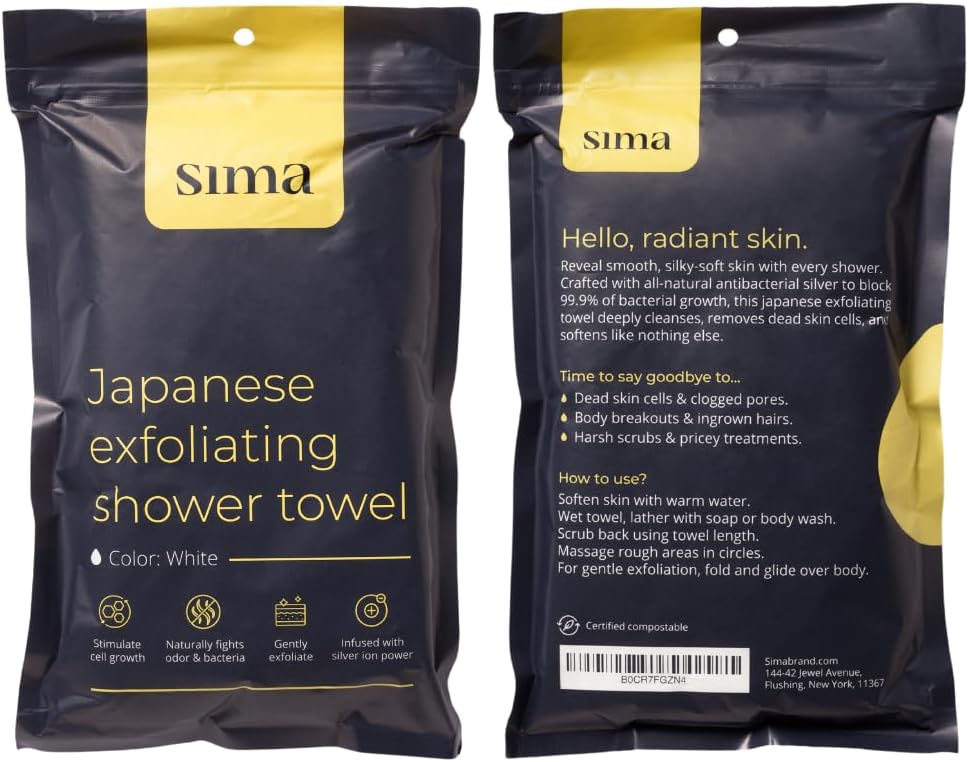 Sima Brand Exfoliating Washcloth Face & Body Scrub Towel - Japanese Exfoliating Towel with Hexagon Fibers, Body Scrubber with 2 Sides for Scrubbing & Washing, Extra Long Body Towels (White)