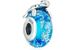 Sea Turtle Charm on Blue Bubble Murano Glass Bead for Pandora Ocean Bracelets