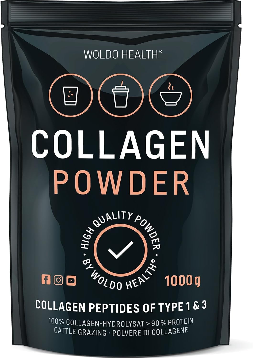 WoldoHealth Collagène Poudre 1kg Bovin Hydrolysé - Protéine Neutre Peptides Type 1 & 3 pour Café & Shakes