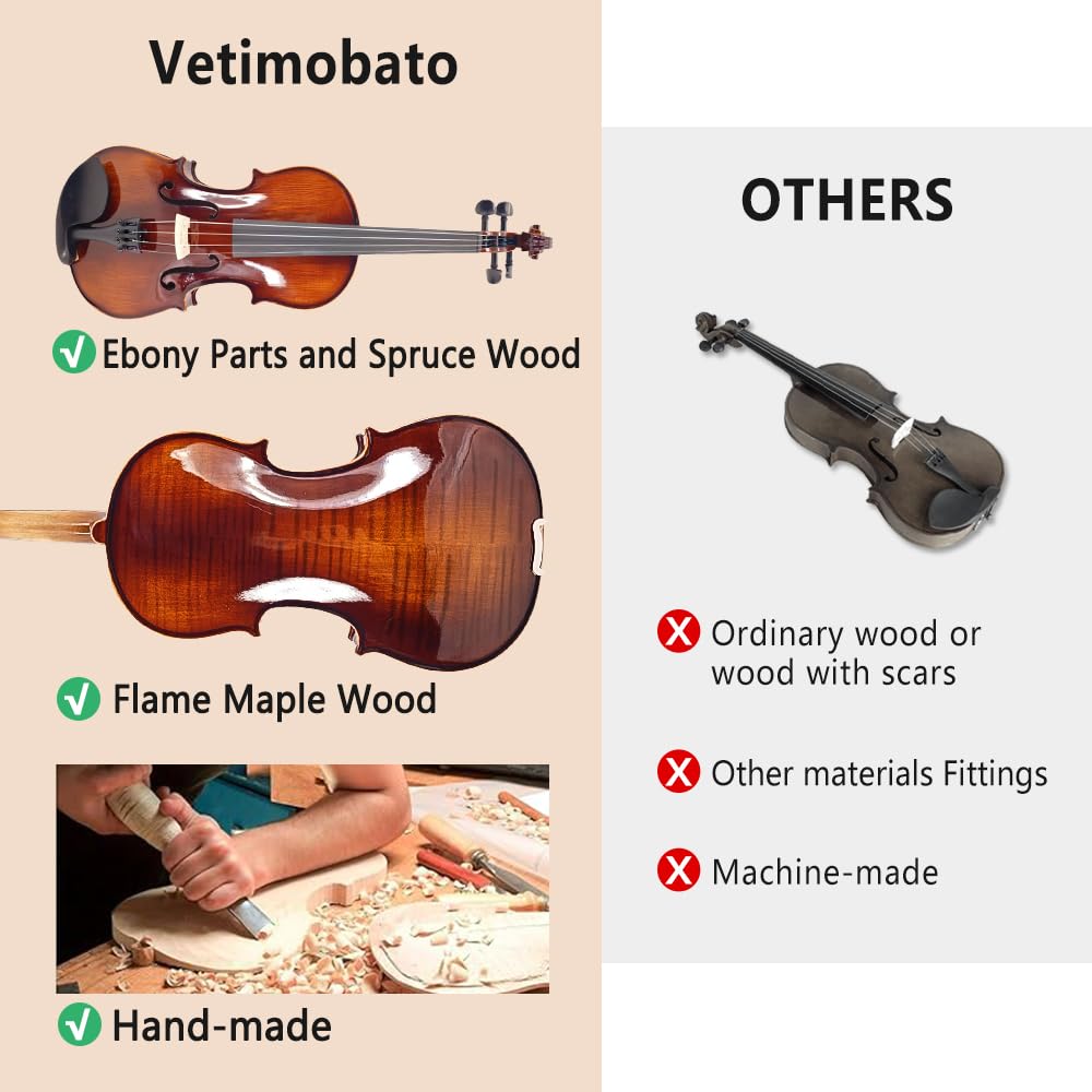 Vetimobato Kit complet de violon 4/4 fait à la main – Dos et éclisses en érable massif avec étui de rangement, archet, repose-épaules et cordes pour joueurs débutants (marron foncé, 4/4)