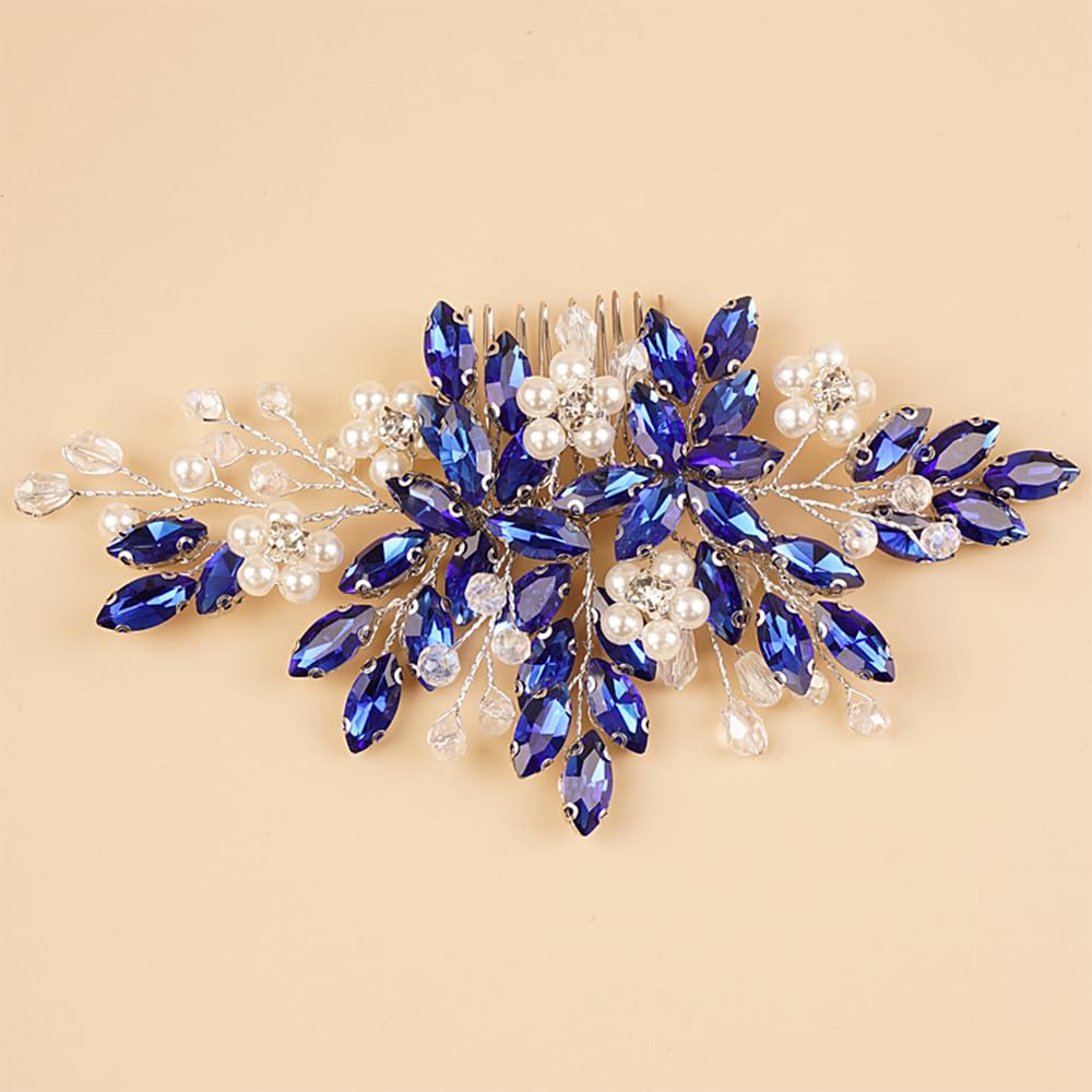 BERYUAN Pearls Rhinestone Flowers Hair Comb Blue Teardrop Crystal Rhinestone Wedding Headband Silver Bride Headband Crystal Rhinestone Pearls Wedding Headpiece for Women Girls (BLUE) - Image 4