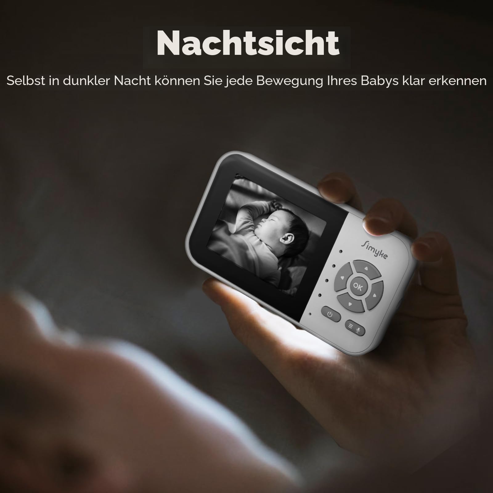 Simyke Babyphone mit Kamera, App und 2.8 Zoll Bildschirmsteuerung Baby Monitor, IR Nachtsicht & Temperatursensor, 2-Wege-Audio, VOX-Modus & Weinerkennung, Bis zu 1000ft
