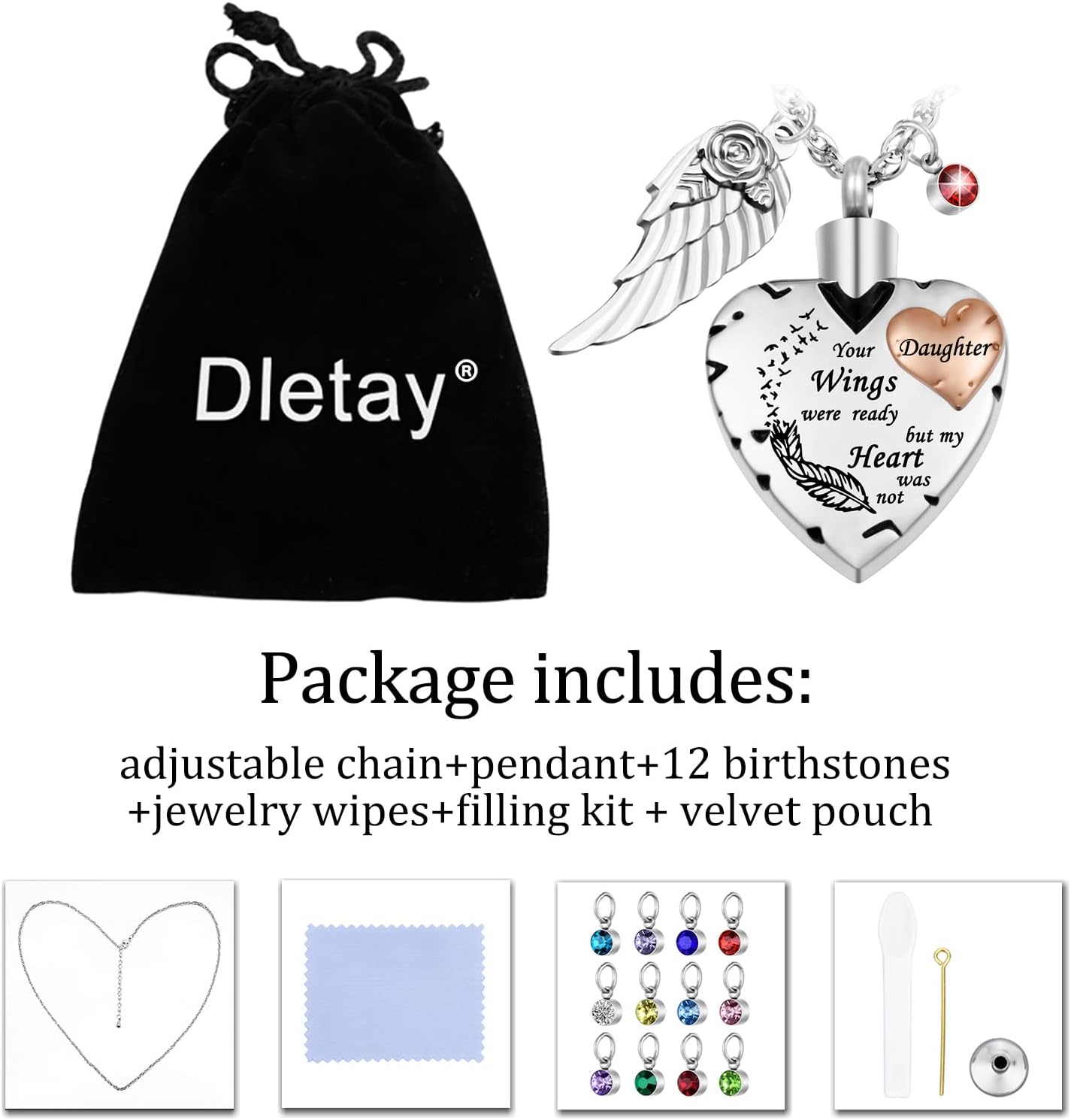 Dletay Heart Cremation Necklace for Ashes Cremation Jewelry with 12 Birthstones Urn Necklace for Ashes-Your Wings were Ready but My Heart was Not - Image 7