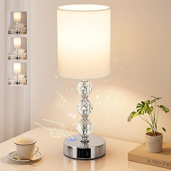 Aooshine Touch Table Lamp, Crystal Bedside Lamps for Living Room, Bedroom | 3 Way Dimmable, USB C+A Charging Ports, Bed Lamps with White Fabric Shade, UK mains plug, Bulb included