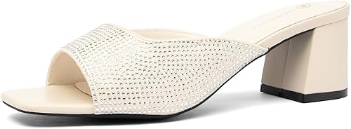 NEWBELLA Women's Crystal Embellished Sandals - Square Toe Slip-on with Chunky Mi