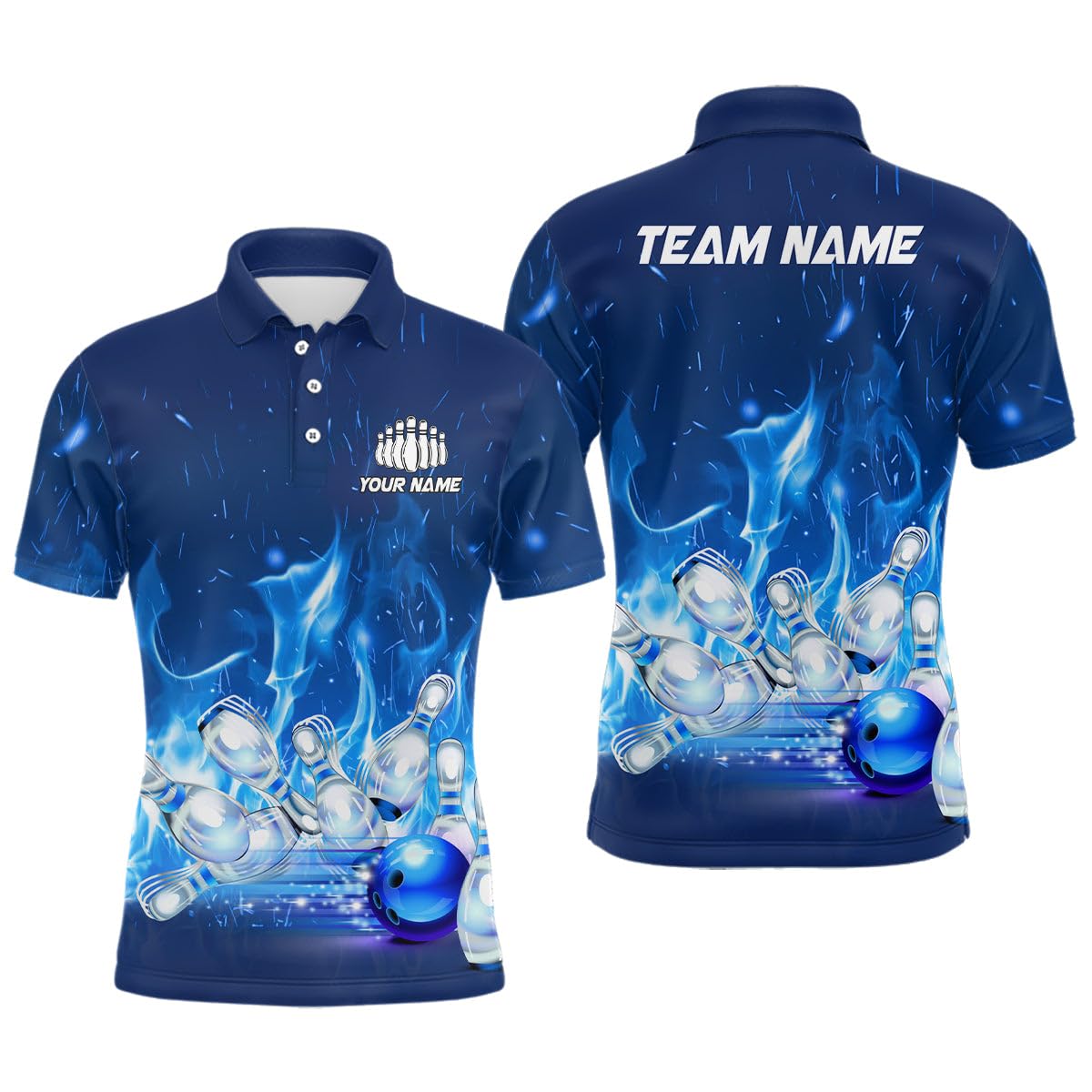 Personalisiertes Bowling Shirt für Herren & Damen, Blaues Flammen-Design, Bowling Team Trikot, Liga Outfit, Geschenk für Bowler I5493