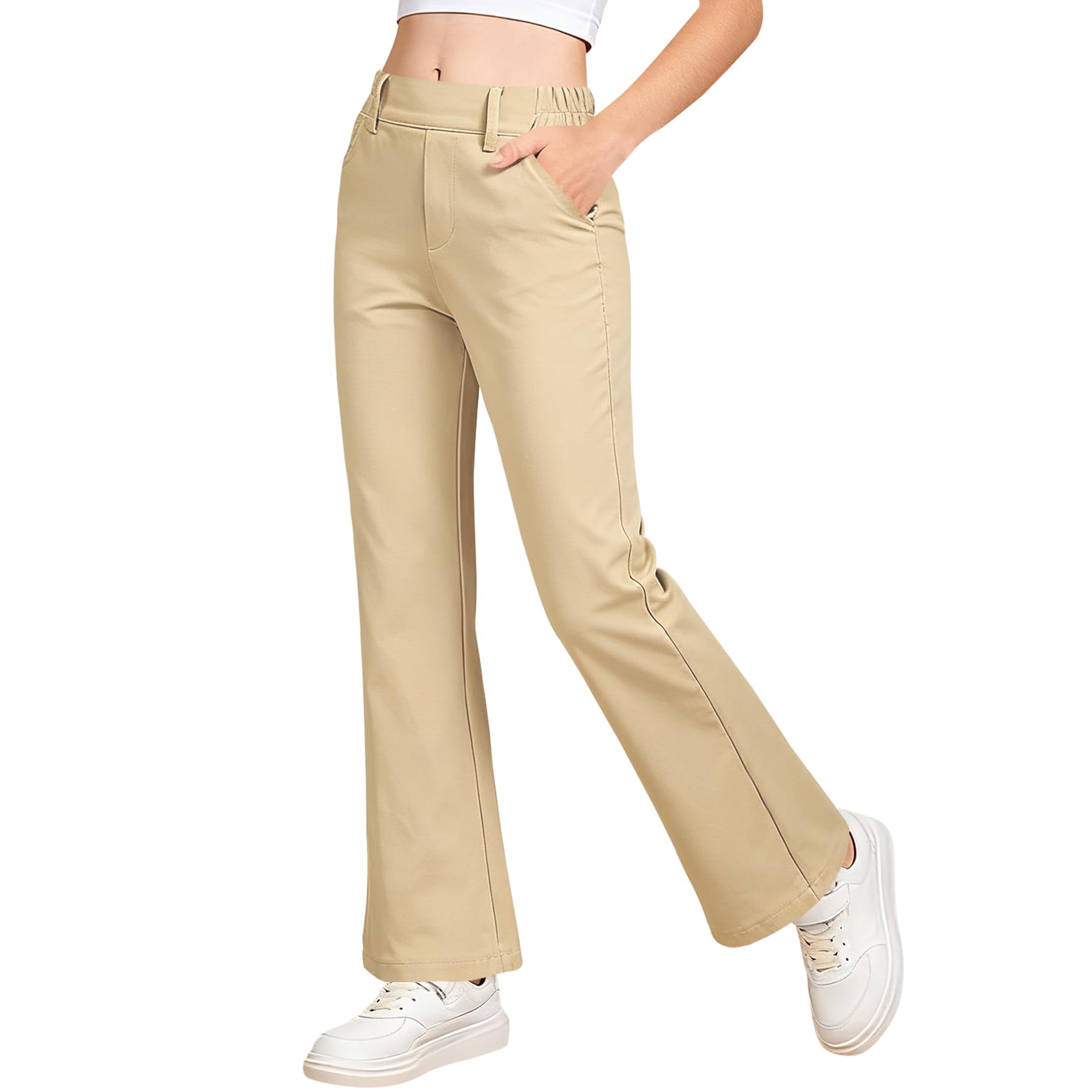 QBK Girls Flare Dress Pants Kids School Uniform Bell Bottoms with Elastic Waist for Teens Size 4-15 Years