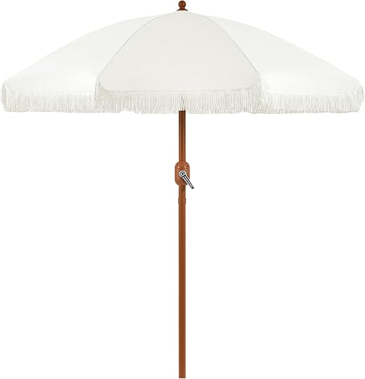 Yaheetech 7.5ft Patio Umbrella with Tassels, Fringe Portable Beach Umbrella, Umbrella Outdoor Patio with Crank Operating Mechanism, Tilting Aluminum Pole, Fiberglass Ribs For Garden, Pool, Cream