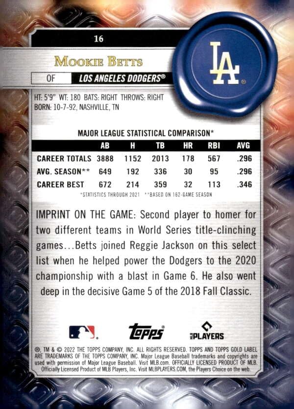 Miniatura 2 de 2022 TOPPS GOLD LABEL CLASS 1#16 MOOKIE BETTS LOS ANGELES DODGERS BASEBALL OFFICIAL TRADING CARD OF MLB