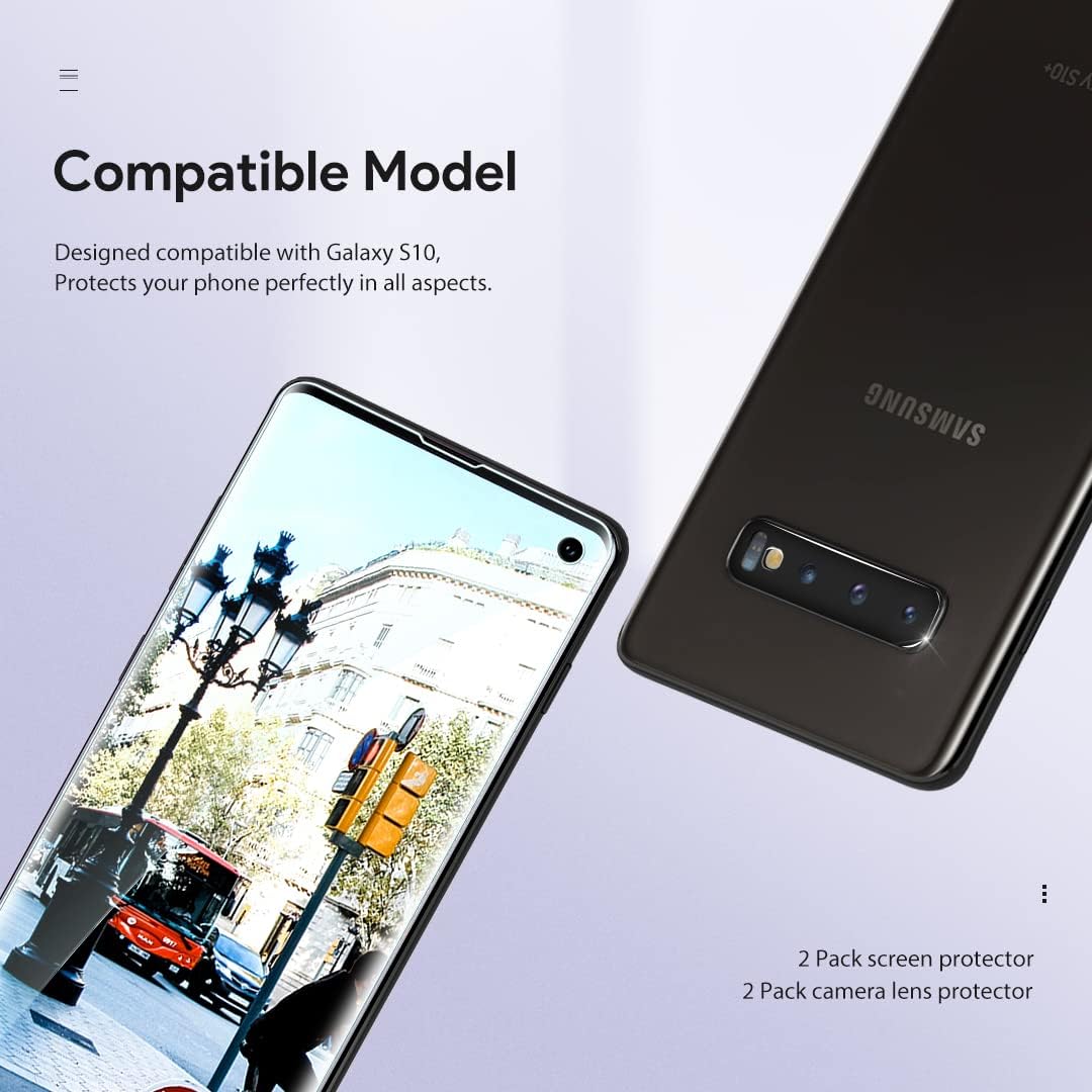[2+2 Pack] LK Compatible for Samsung Galaxy S10 6.1inch, 2 Pack Flexible TPU Screen Protector and 2 Pack Camera Lens Protector [Ultrasonic Fingerprint Support] HD Clear Easy Installation