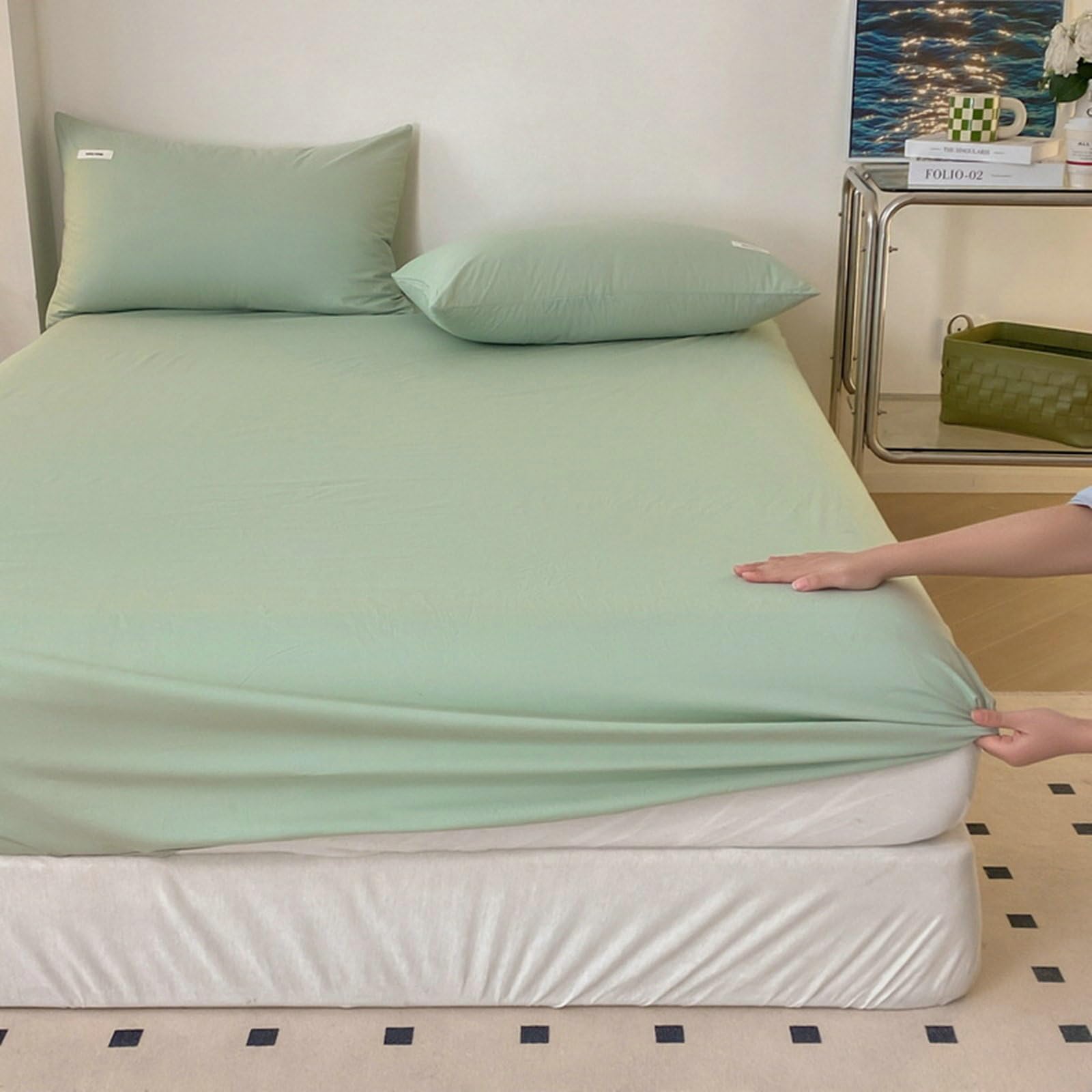 Protège Matelas Coton 120 x 200cm Drap-Housse en Coton Couleur Unie Doux et Respirant - Entretien Facile, Vert Clair