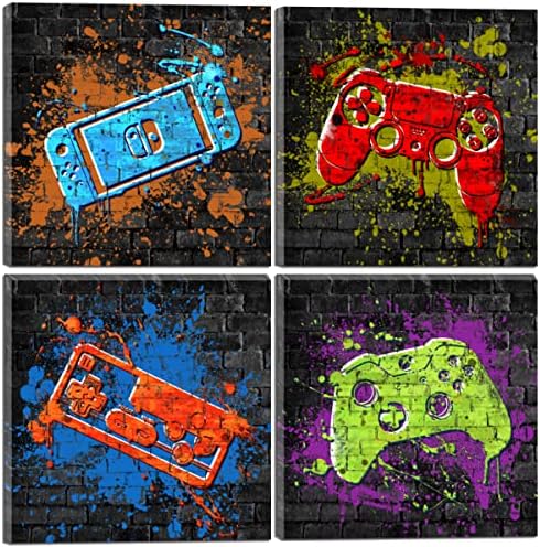 Game Wall Art Decor Game Art Print Framed Gaming Theme Boys Room Wall Art Decor Canvas Prints Video Game Posters Pictures for Boys Bedroom Playroom Wall Decor Cool 4 Pieces Boys Room Picture