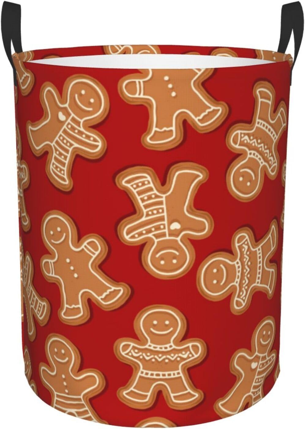 Gingerbread Men Red Christmas Laundry Hamper with Durable Handle Waterproof Collapsible Laundry Basket Round Dirty Clothes Storage Basket for Family Bathroom Bedroom Dorm