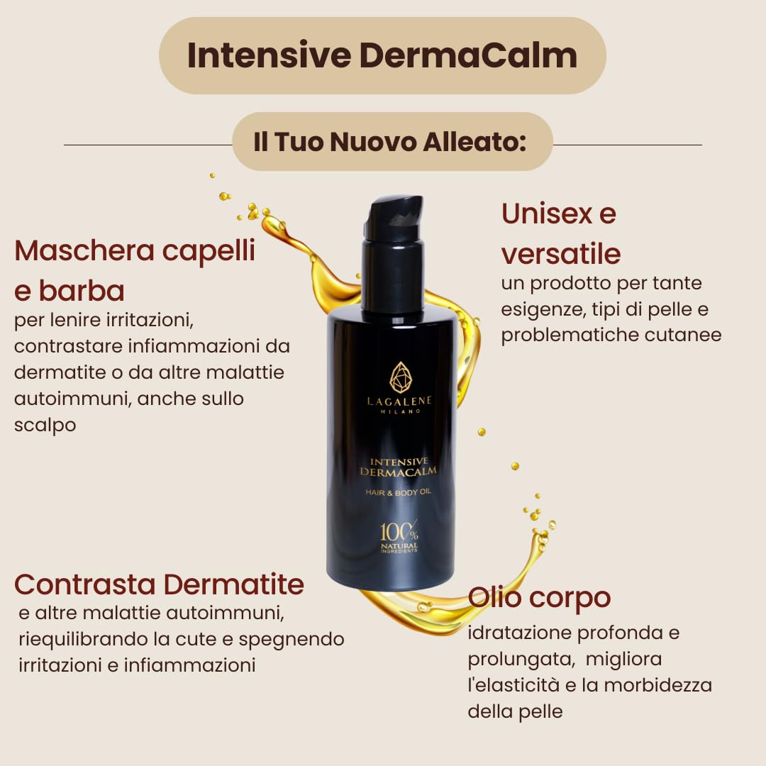 Lagalene Milano Intensive DermaCalm - Aceite 100% natural para cuero cabelludo, cabello, barba y cuerpo con efecto calmante, antienrojecimiento, antipicazón, revitalizador y anticelulitis, 200 ml