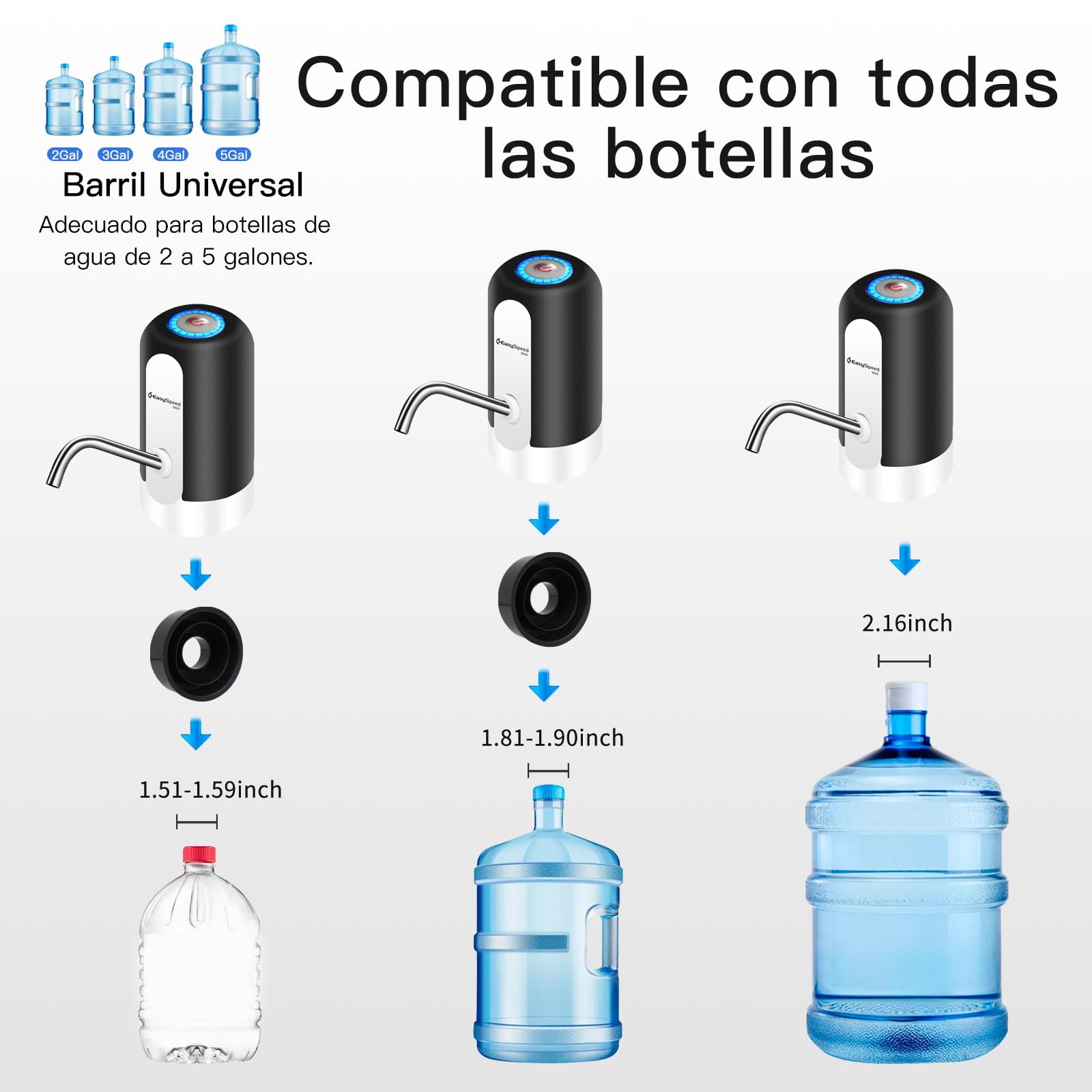 EASYSPEED Dispensador de Agua Fría Automático, 1200 mAh Eléctrico USB Bomba Grifo de Agua, Eléctrica Portátil con 2 Adaptadores para Botellas y Garrafas de 3,5,8,10,13,15,18 litros,Negro — view 4