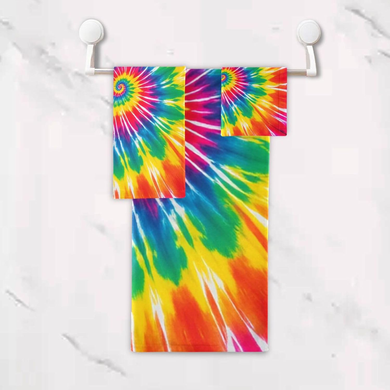 Pfrewn Tie Dye Towels Set of 3 Rainbow Hippie Colors Bathroom Towel Soft Absorbent Chic Abstract Swirl Bath Hand Towels Washcloth Guest Towel Sets Bathroom Decorations