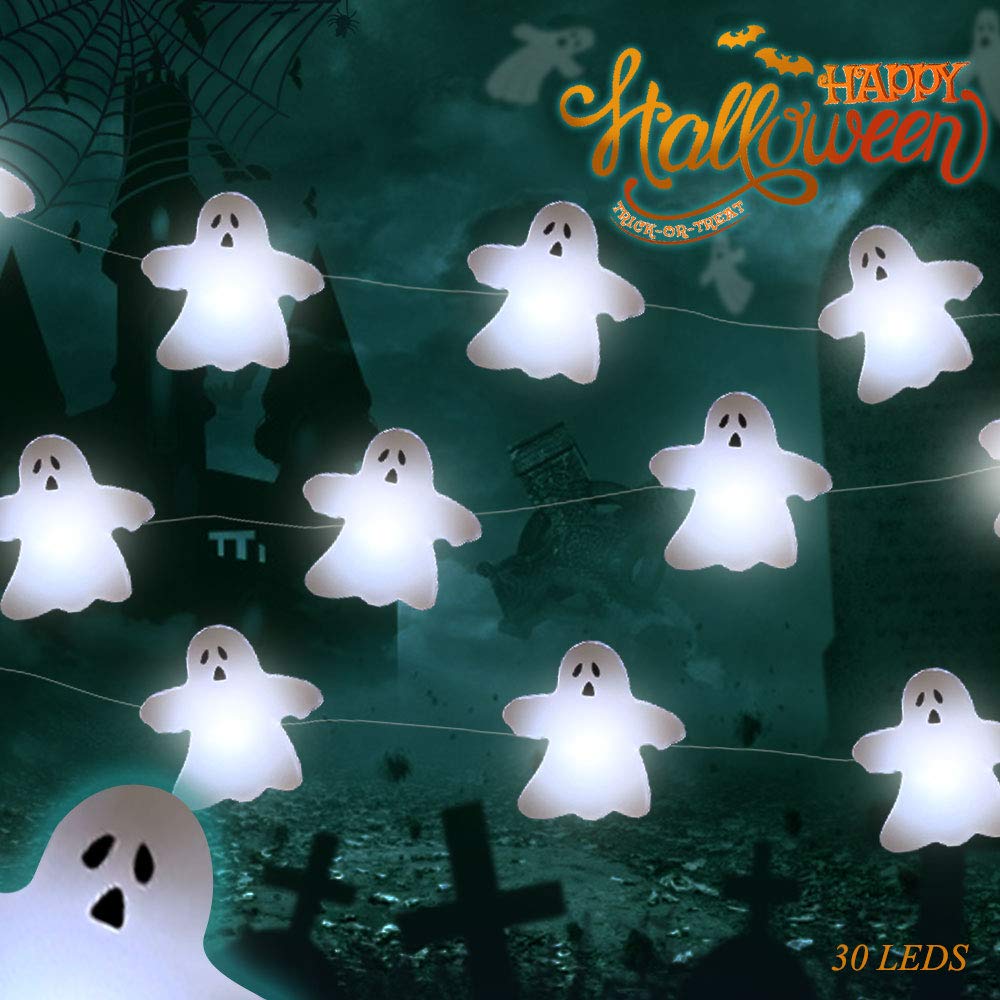 Halloween String Light Battery Powered Ghost String Lights with 30 LED for Halloween Decoration, Home, Cosplay Party, Office, School, Comes with Halloween Nail Sticker