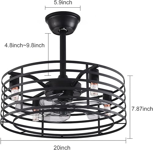 Miniatura 7 de Ventilador de techo rústico de 20 pulgadas y lámpara de araña, ventilador de techo de granja, lámpara colgante cerrada, lámpara de araña de estilo