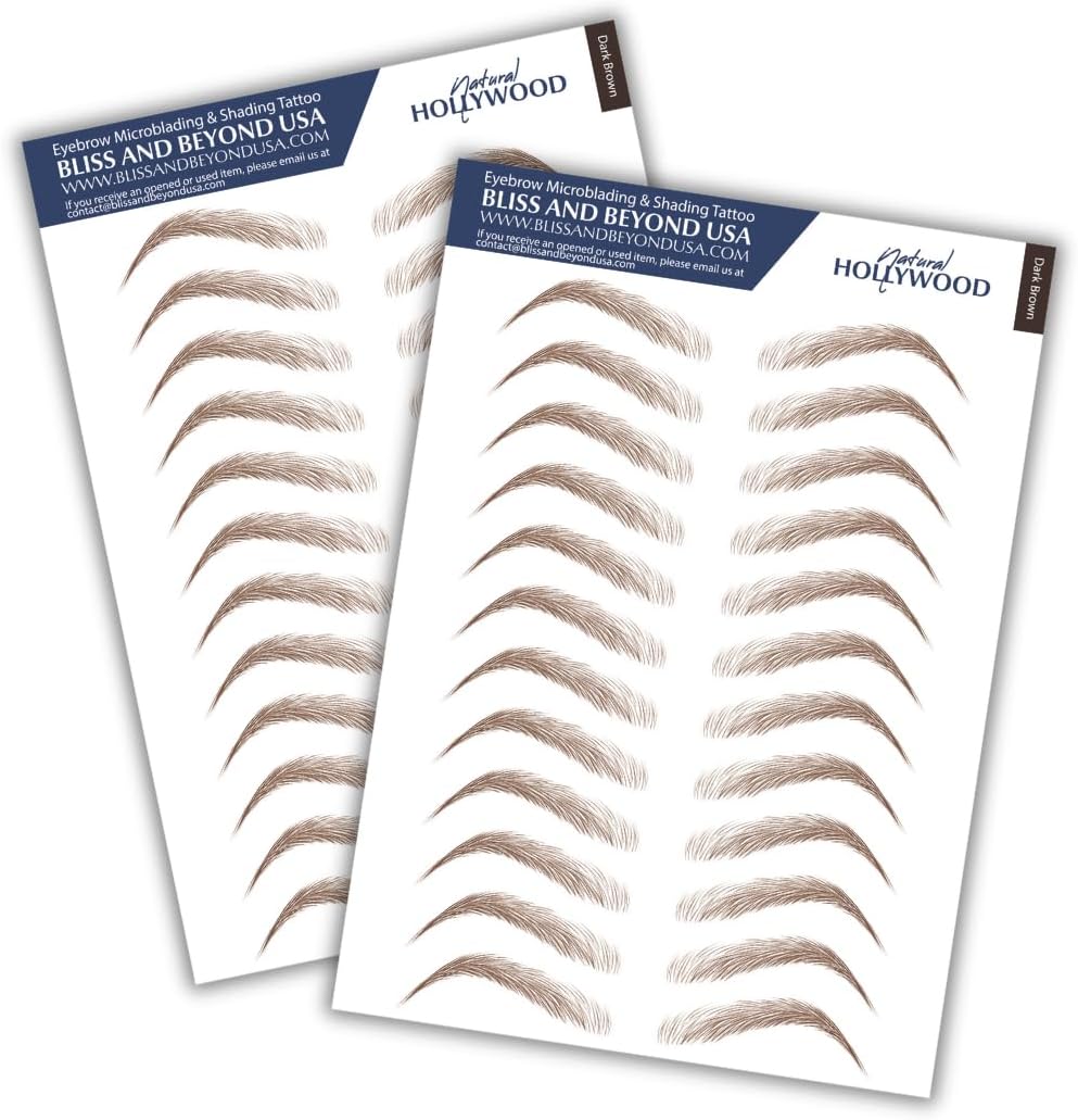 Bliss and Beyond USA, 2 Sheets Waterproof Eyebrow Tattoo Stickers, Long Lasting, Natural Looking Fake Eyebrows for Alopecia, Chemo, Cancer Gift. Same Size (Natural Hollywood, Dark Brown)