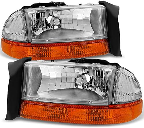 AKKON - Fits 1997-2004 Dodge Dakota | 98-03 Durango Chrome Driver Left + Passenger Right Side Headlights +Signal Lamp Pair Set
