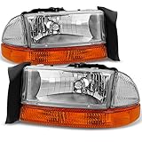 Fits 1997-2004 Dodge Dakota | 98-03 Durango Chrome Driver Left + Passenger Right Side Headlights +Signal Lamp Pair Set