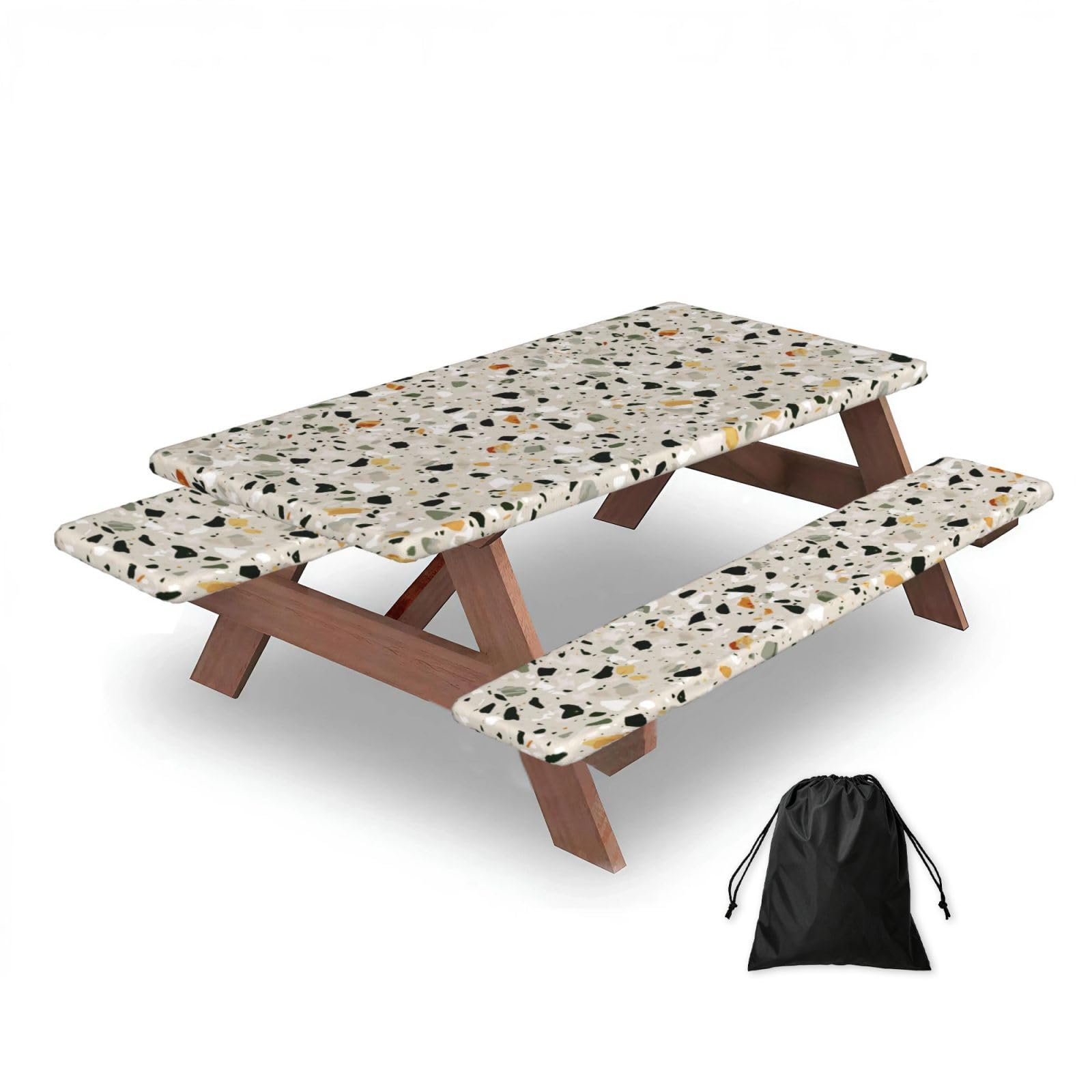Dopklna As Picture Terrazzo, Picnic Table Cover With Bench Covers -Waterproof Elastic Fitted Tablecloth For Garden Camping Patio 76X152cm