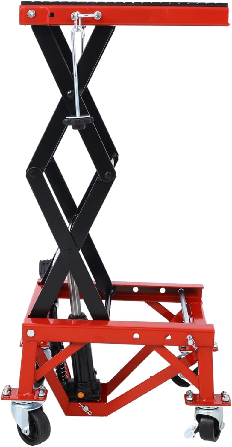 300 lbs Hydraulic Motorcycle Scissor Jack Lift Foot Step Wheels for Small Dirt Bikes Steel Red & Secure Maintenance Storage Outdoor-Ready