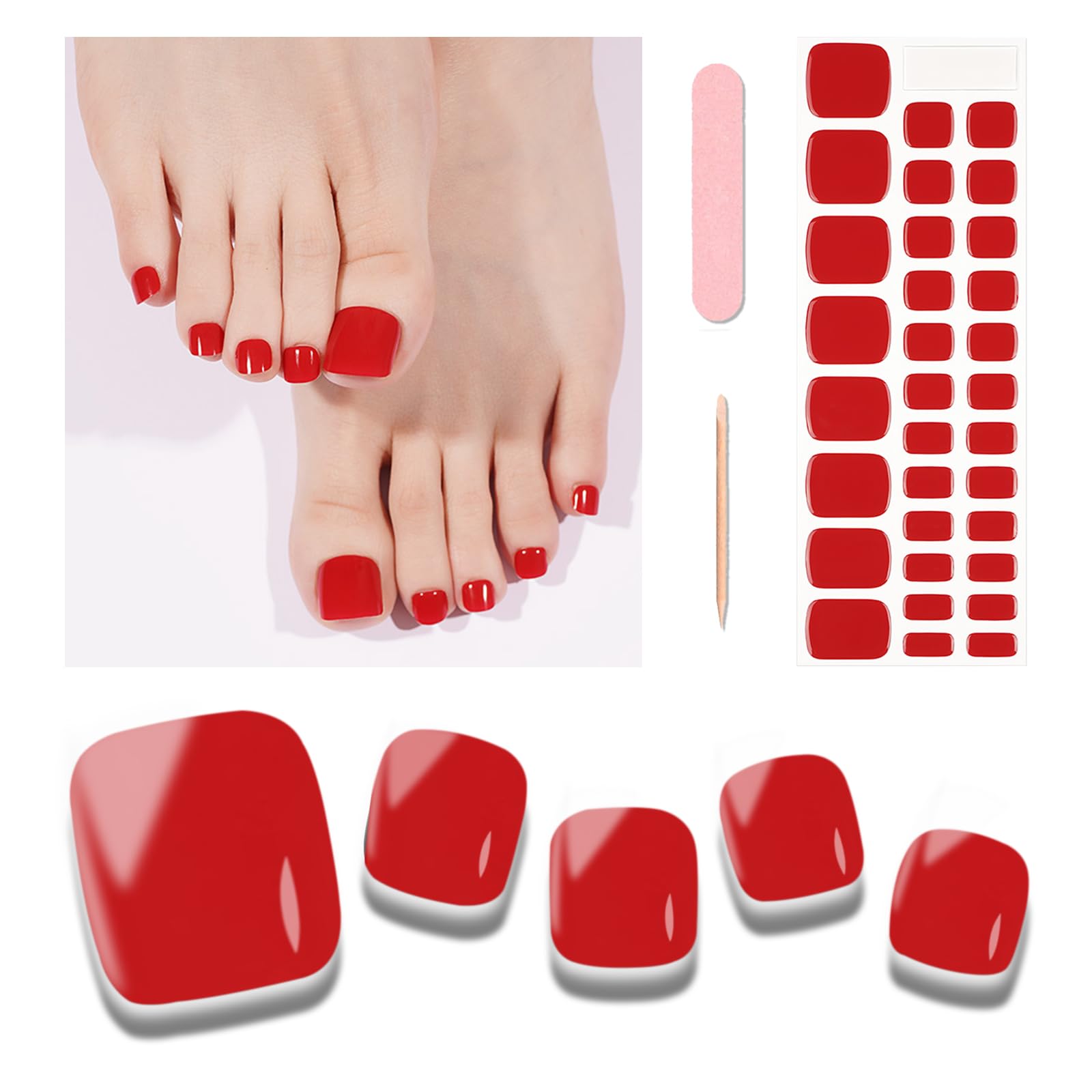 Wekcekcek Semi Cured Gel Toenail Strips, 32 Power Red Gel Toenail Stickers - Works with Any UV Lamps Pedicure Strips Full Nail Wraps with Nail File &