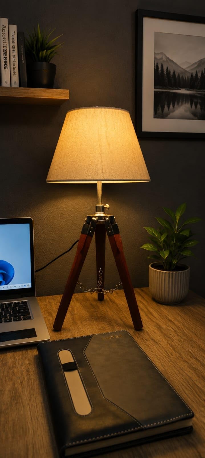 Vintage Tripod Table Lamp with Fabric Shade | Wooden Legs & Metal Finish | E27 Bulb Compatible | Warm Ambient Light | Bedside Lamp for Bedroom, Living Room, Study, Office & Café Décor-image-22