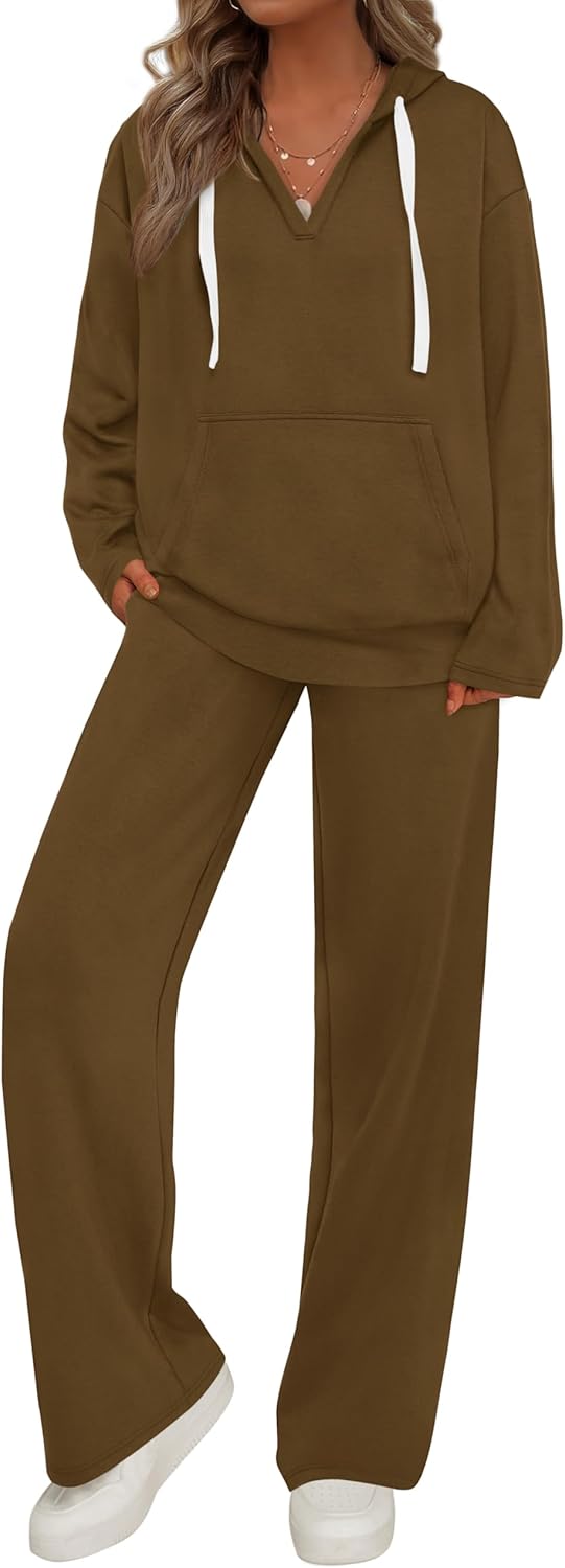 PRETTYGARDEN Womens 2 Piece Outfits Fall Sweatsuits Oversized V Neck Hoodie Wide Leg Sweatpants Travel Tracksuit Lounge Sets