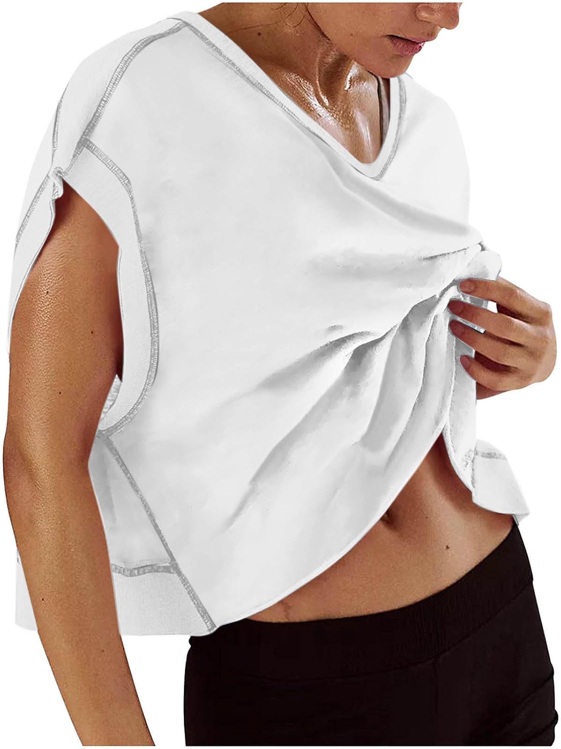 Sporty Backless Yoga Tops for Women, V-Neck Loose Fit Hollow Out Shirts, Short Sleeve T-Shirt for Gym Summer