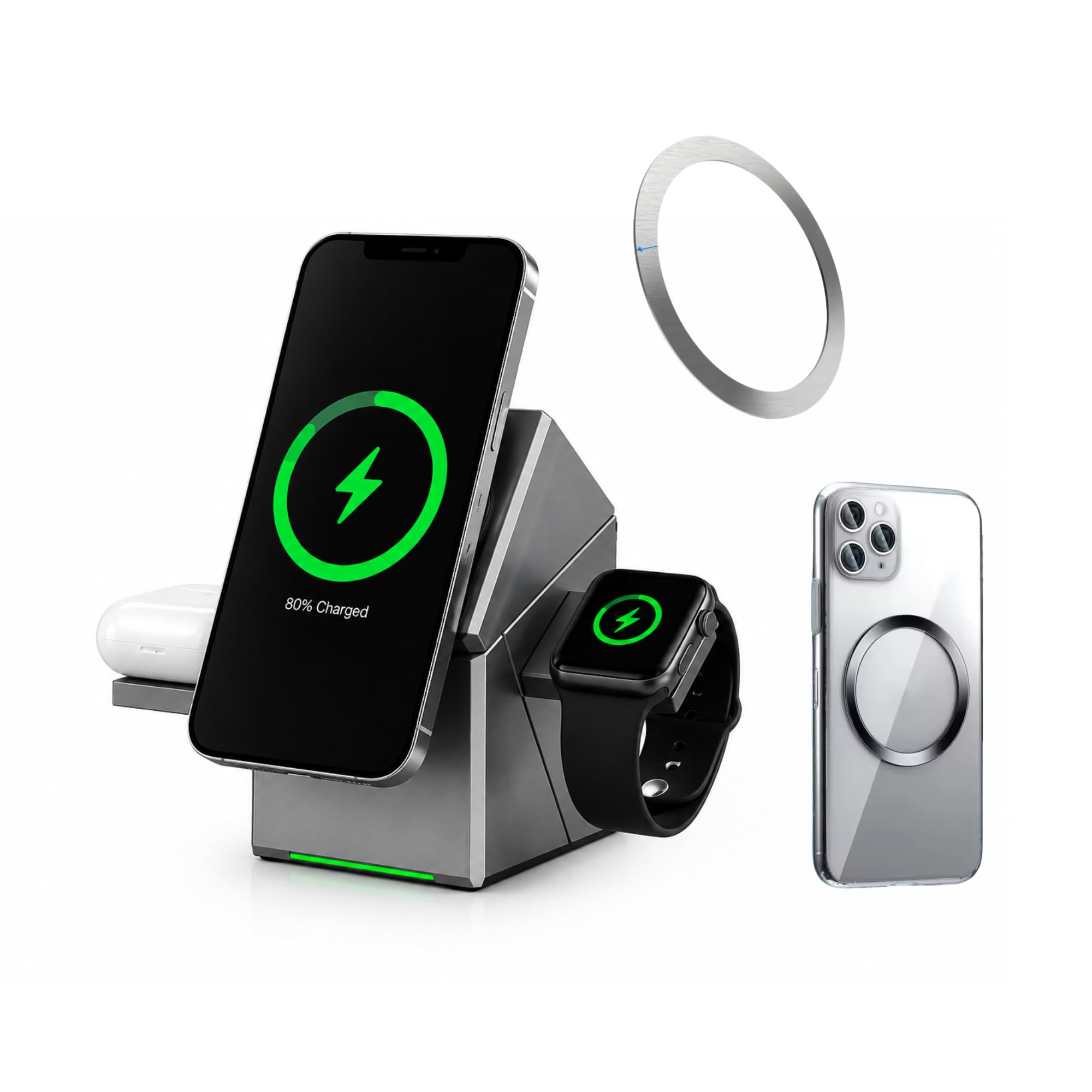 Chargeur sans Fil 3 en 1, 15W, Compatible Smartphones Android et Apple, Montres Connectées et Écouteurs sans Fil – Station de Charge Rapide Pliable et Compacte pour Bureau, Maison et Voyage