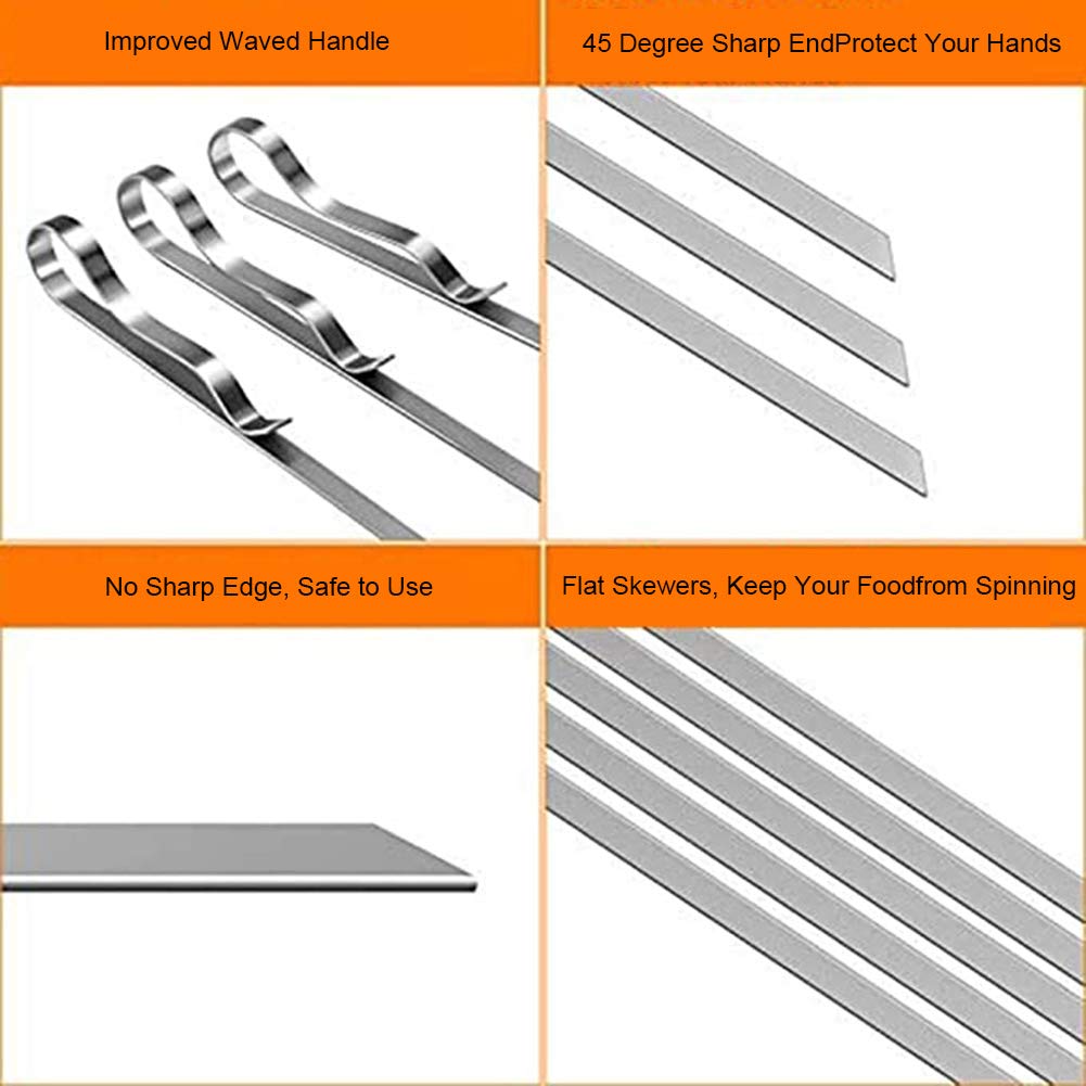 Spiedini, spiedino da barbecue in metallo piatto riutilizzabile in acciaio inossidabile, bastoncini da 43 cm per barbecue, per campeggio all'aperto, gite, utensili da cucina -20 pezzi (Silver-2)