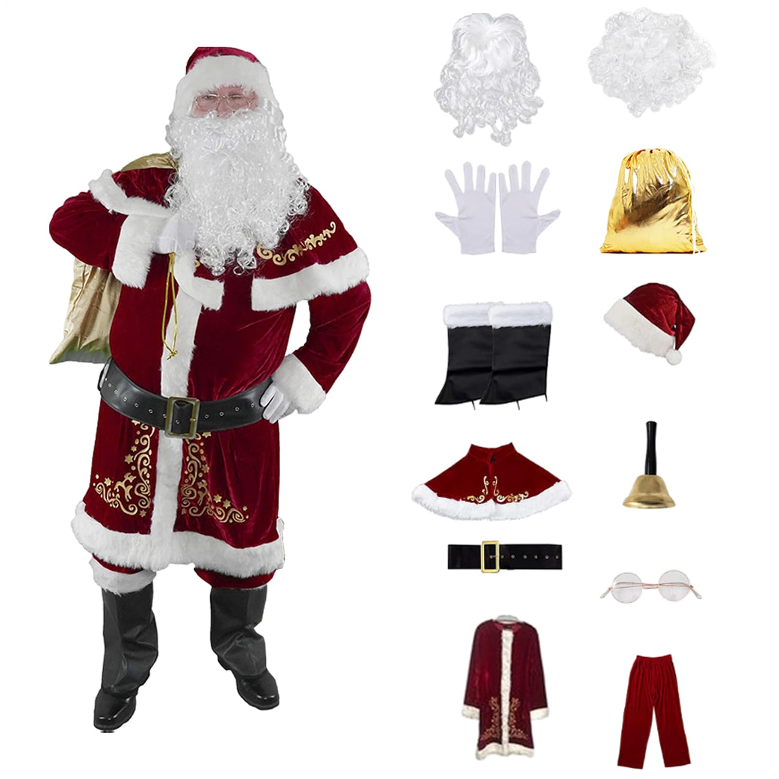 Costume De Père Noël Pour Adulte - Ensemble 12 Pièces Déguisement Complet | Tenue Classique De Fête | Habit Rouge Blanc Avec Barbe Ceinture Chapeau, Déguisement De Noël Pour Réveillon Soirée Spectacle