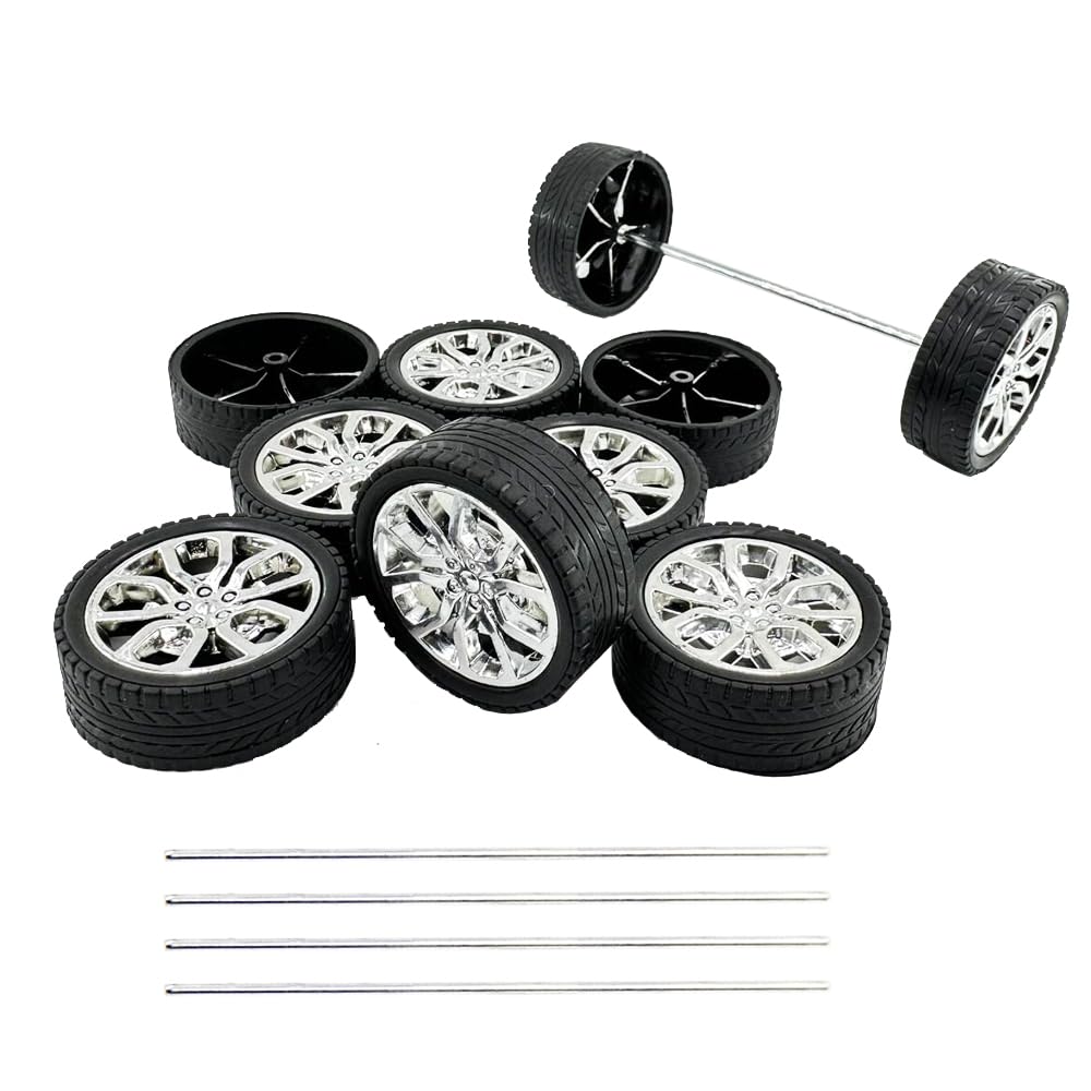 10PCS Toy Car Wheels Model Car Rubber Tire Wheels with 5PCS Shaft Round Axles for for DIY Model Toy RC Car Truck Robot Wheel Replacement Accessories (2.5x45mm)