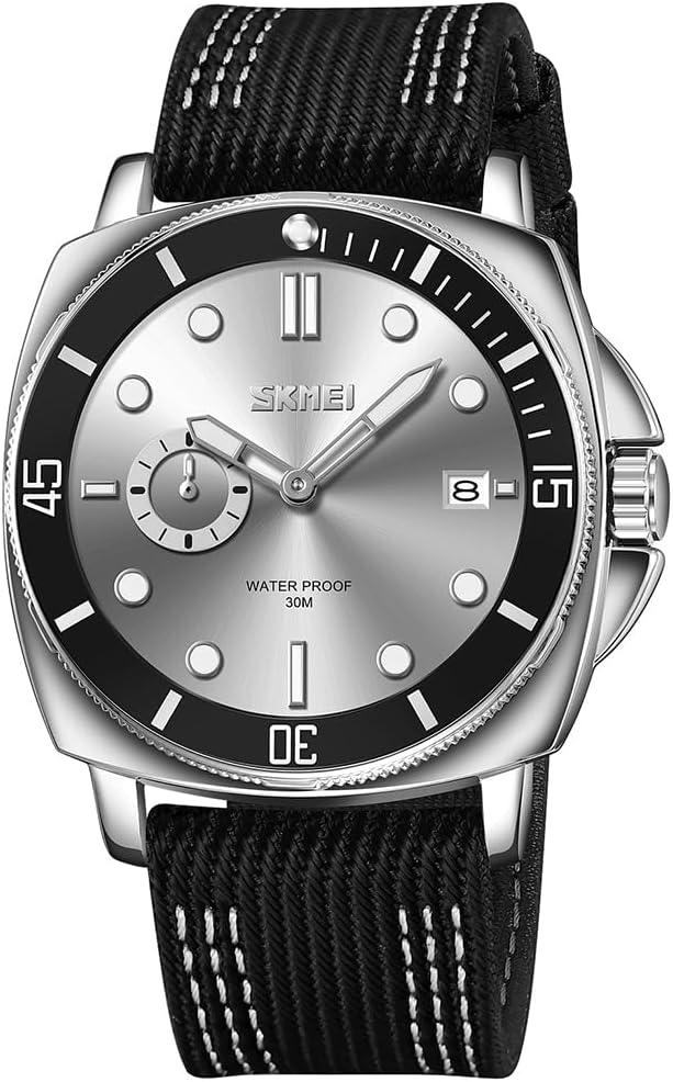 SKMEI Watch for Men Waterproof Fashion Casual Sport Big Face Analog Quartz Luminous Luxury Dress Business Gift Cloth Nylon Strap Black Wrist Watches