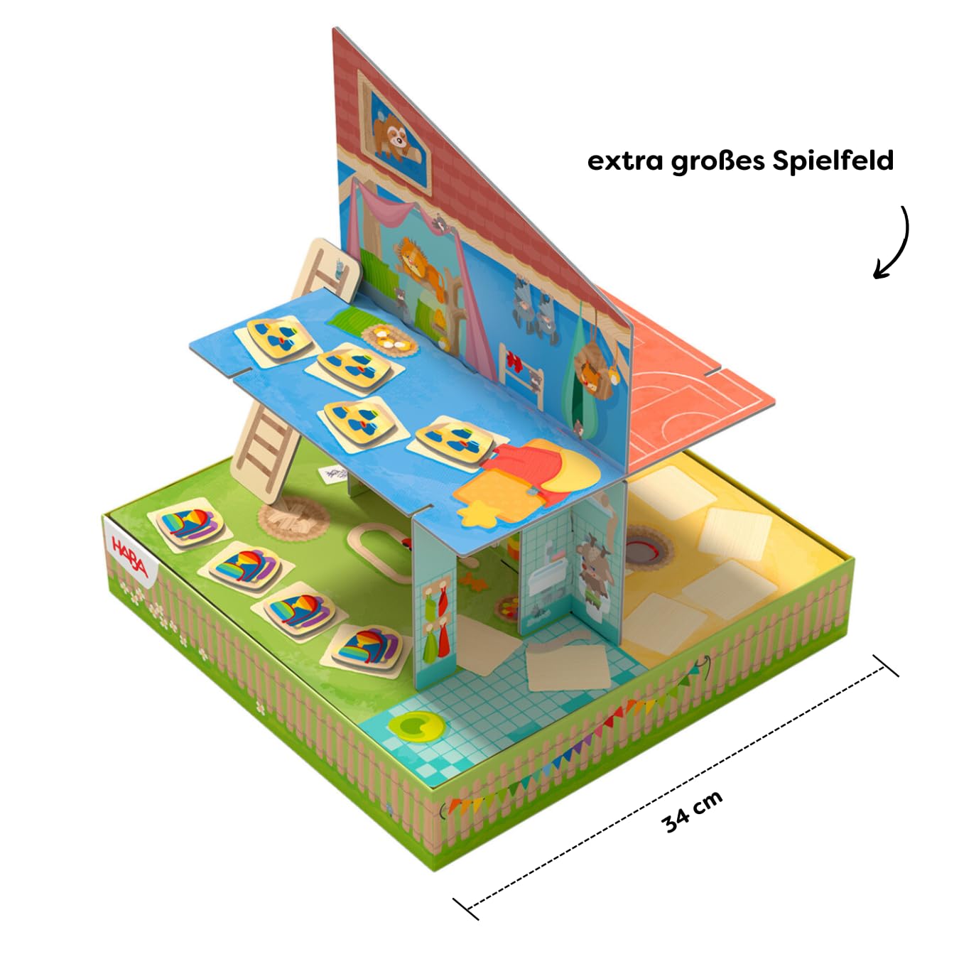 HABA Im Kindergarten Spielesammlung - 10 Abwechslungsreiche Spielideen - Großes 3D-Spielhaus mit 5 Holzfiguren - Ab 2 Jahren - Artikelnummer 2011718001