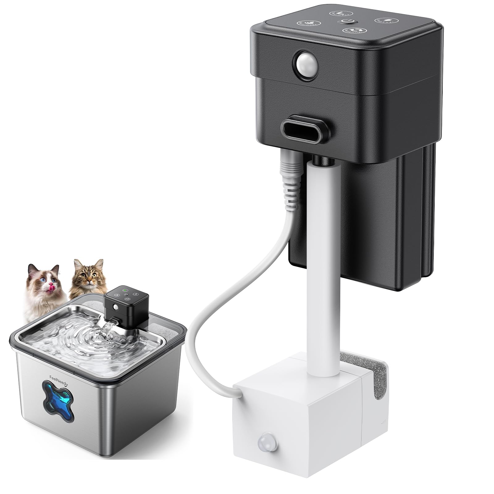 Image showing the FEELNEEDY FN-W17 Smart Wireless Water Dispenser Head being attached to the main fountain unit.