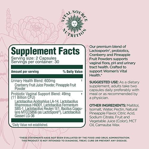 Vista 4 de Vital Source Nutrition - ViXi - Cápsulas de equilibrio femenino - Bienestar vaginal y apoyo del pH - con LactoSpore, arándano + polvo de fruta